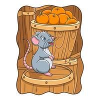 caricatura, ilustración, un, ratón, posición, en, un, pila, de, barriles, lleno, de, fruta, en, el, almacén vector