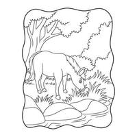 ilustración de dibujos animados un caballo comiendo hierba junto al río bajo un gran árbol libro o página para niños en blanco y negro vector