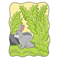 cartoon illustration rabbits who are looking for food and shelter under the leaves of a large tree because of the hot sun vector