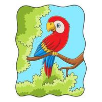 cartoon illustration the parrot is perched gracefully on a tall tree trunk with its beautiful wings vector