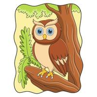 cartoon illustration an owl perched coolly on a fallen tree trunk in the middle of the forest vector