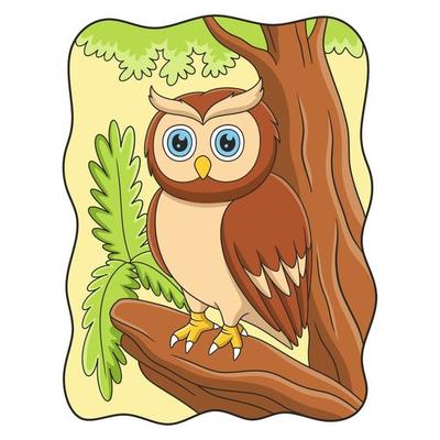 cartoon illustration an owl perched coolly on a fallen tree trunk in the middle of the forest