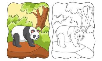 cartoon illustration a panda walking on a cliff in the middle of a forest looking for food vector