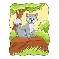 cartoon illustration a wolf sitting coolly on a cliff under a big tree to enjoy the morning air vector