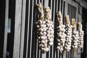Dry garlic hanging in local kitchen wooden wall - old traditional kitchen Northern Thailand style photo
