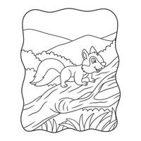 cartoon illustration a squirrel running towards food on a fallen tree trunk in the middle of the forest book or page for kids black and white