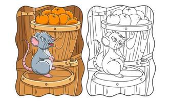 ilustración de dibujos animados un ratón parado sobre una pila de barriles llenos de fruta en el libro o página del almacén para niños vector