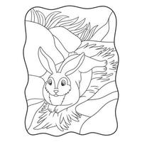 ilustración de dibujos animados el conejo está tirado en el heno bajo el acantilado para disfrutar del sol en medio del libro o página del bosque para niños en blanco y negro vector