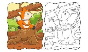 cartoon illustration a fox sitting and relaxing enjoying the weather during the day on the trunk of a big tree that was cut down book or page for kids vector