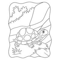 ilustración de dibujos animados una tortuga caminando sobre un acantilado en medio del bosque buscando un libro de comida o una página para niños en blanco y negro vector