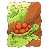 ilustración de dibujos animados una tortuga caminando en medio de un prado en un acantilado al lado de un río vector