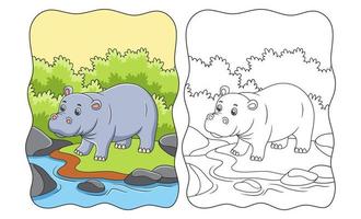 cartoon illustration a hippopotamus walking by the river in the middle of the forest book or page for kids
