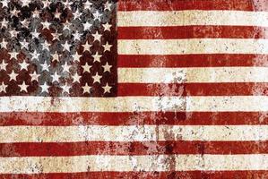 USA flag overlay on old rusty wall surface texture for background use photo