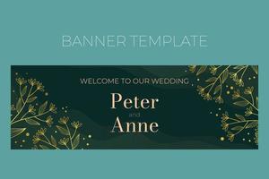 Floral wedding horizontal banner template in elegant golden style, invitation card design with gold flowers with leaves, dots. Decorative frame pattern and wreath. vector