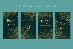 Floral wedding vertical social media  template in elegant golden style, invitation card design with gold flowers with leaves, dots. Decorative frame pattern and wreath. vector