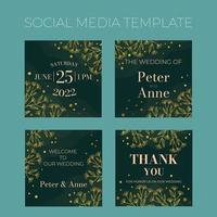 Floral wedding square social media template in elegant golden style, invitation card design with gold flowers with leaves, dots. Decorative frame pattern and wreath. vector