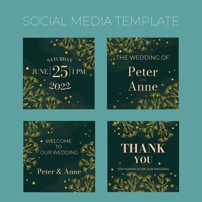 Floral wedding square social media template in elegant golden style, invitation card design with gold flowers with leaves, dots. Decorative frame pattern and wreath.