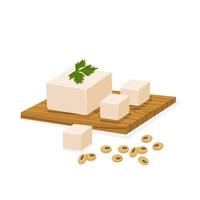 Tofu on a wooden board, and soybean seeds, vector for menus, posters or packaging labels. Isolated on a white background.