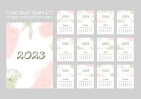 Trendy abstract background with  brush paint shapes and flower element in pastel colors. 2023 Calendar year vector illustration poster. The week starts on Sunday. Monthly vertical calendar template.