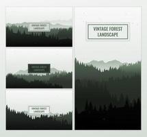 Vector background illustration. Travel discovering, exploring and observing nature. Trekking. Design for web banner set. Flat landscape with mountains and forest silhouette vintage grunge texture