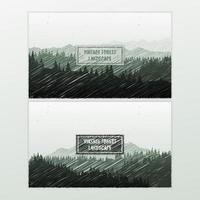 Travel discovering, exploring and observing nature. Doodle hand drawn. Design web banner set. Landscape silhouette with mountains and forest vintage grunge texture. Vector background illustration.