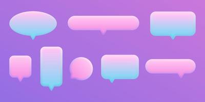 Set of 3D speak bubble text, chatting box, message box realistic vector neon holographic illustration design. Balloon 3D style of thinking sign symbol. On the purple background.
