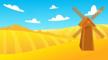 Rural summer landscape with a windmill in field of ripe wheat on the hills and valleys in the background. Vector illustration with golden grain fields and mill. Farm autumn harvest