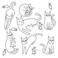 Vector illustration minimalist funny animals set, cat with mouse doodles in abstract hand drawn style black and white line art.