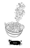 Vector hand drawn vegetable salad. Healthy vegetarian food sketch illustration. Tomatoes, herbs, cucumbers, paprika and olives in a bowl. For recipe banner.