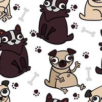 Seamless pattern cute hand drawn dogs pug for card, banner, poster, t shirt, pet shop cartoon dog. Funny puppy happy pugs doodle illustration vector drawings.