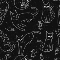 Vector pattern minimalist funny animals set, cat with mouse doodles in abstract hand drawn style black and white line art. On the black background with noise.