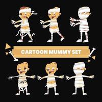 Halloween cartoon monsters stickers set. Funny drawings of walking mummy Egypt day of the dead. Scary character for kids event vector