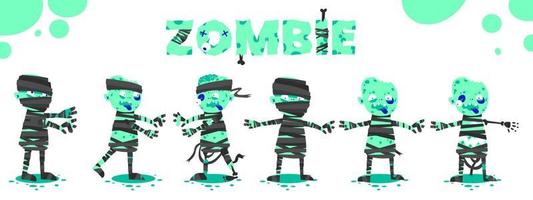 Halloween cartoon monsters stickers set. Funny drawings of green zombie dead body walking mummy scary character costume kit vector illustration