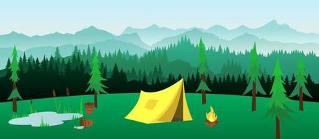 Vector mountains forest background texture, silhouette of coniferous forest. Tent with bonfire hiking concept tourism camping with wild nature. Season trees, spruce, fir. Horizontal landscape.