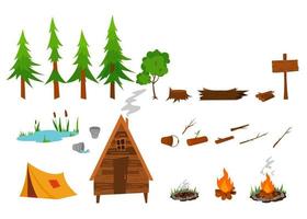 Vector adventure set camping in vector design illustration kit of camping in woods. Tree, cabin, bonfire, lake, fishing.