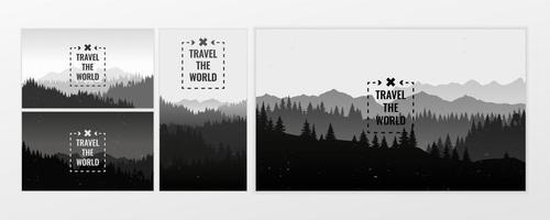 viajar descubriendo, explorando y observando la naturaleza. en blanco y negro. conjunto de banners web de diseño. paisaje plano con montañas y bosque silueta textura grunge vintage. ilustración de fondo vectorial. vector