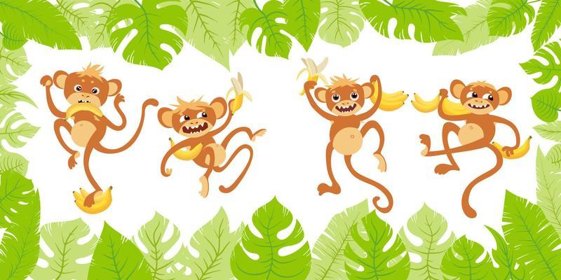 Illustration of a happy monkey set cute cartoon monkeys with bananas in different poses isolated on white. Jungle animals jocko. With frame of tropic leaves. Vector.