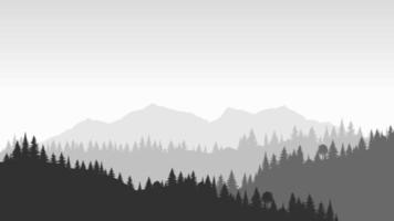 paisaje de silueta con niebla, bosque, pinos, montañas. ilustración de la vista del parque nacional, niebla. en blanco y negro. bueno para papel tapiz, fondo, pancarta, portada, afiche. vector