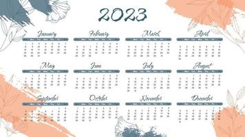 Trendy abstract background with  brush paint shapes and flower element in beige, blue colors. 2023 Calendar year vector illustration poster. The week starts on Sunday. Annual calendar template.