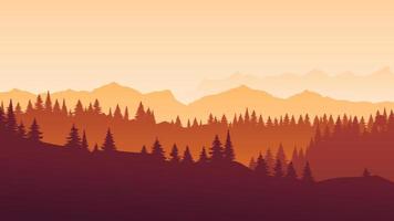 Vector red horizontal landscape with fog, forest, spruce, fir, and sunset. Autumn Illustration of panoramic view silhouette, mist and orange mountains. Fall season trees.