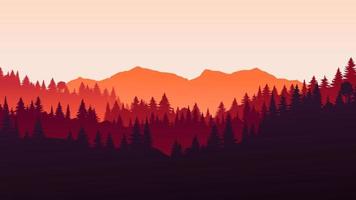 paisaje horizontal rojo vectorial con niebla, bosque, abeto, abeto y luz solar matutina. ilustración de la temporada de otoño de la silueta de la vista panorámica, la niebla y las montañas naranjas. árboles caídos. fuego en el bosque. vector
