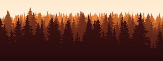 Vector autumn horizontal landscape with fog, forest, spruce, fir, and morning sunlight. Fall season Illustration of panoramic view silhouette, mist and mountains. Fire in the woods.