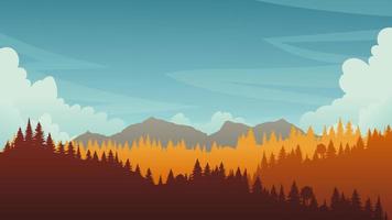 Autumn landscape. Panoramic of forest landscape silhouette with oak, pine. Cartoon yellow orange fall tree and mountains fall season gold leaves for national park with blue sky in evening.