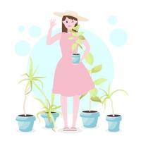 Cute girl in pink dress holding plant in pot. Houseplant gardening, spring concept ecology banner. Young woman smiling, growing beautiful flowers in orangery. Vector illustration.