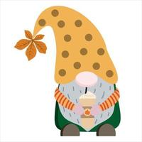 Cartoon vector gnome illustration in fall colors with pumpkin spice latte cup with cream. Isolated on white background.