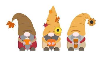 Cartoon flat fall vector gnomes in autumn colors with orange pumpkin, brown spice latte cup, coffee mug with cream and cinnamon. Isolated on white background.
