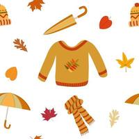 Autumn mood cozy things seamless pattern. Cute sweater, cartoon umbrella, knitted scarf, wool hat, dry fall leaves. Isolated on white background. Great for stickers, prints, textile, wrappers. vector