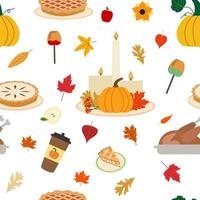 festival de la cosecha de otoño vectorial, patrón transparente del día de acción de gracias en estilo de dibujos animados con pavo asado, velas, pasteles, calabazas, manzanas de caramelo y hojas secas. aislado sobre fondo blanco.
