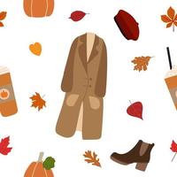 Autumn warm outdoor clothing seamless pattern with brown coat, red beret, orange pumpkin, coffee cup, boot, fall leaves. Isolated on white background. Great for prints, textile, wrappers. vector