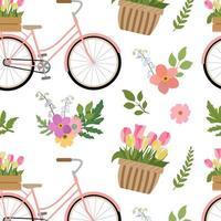 Retro style pattern with floral bicycle and bouquets. Isolated on white background. Romantic spring botanical garden design for print, textile, cards. vector